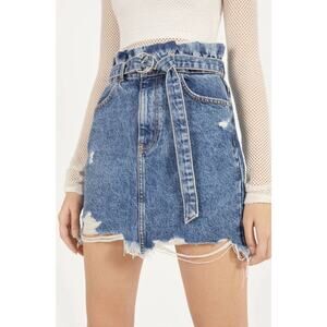 Denim Blvd Los Angeles Cotton Blend High Rise Distressed Belt Mini Skirt Medium